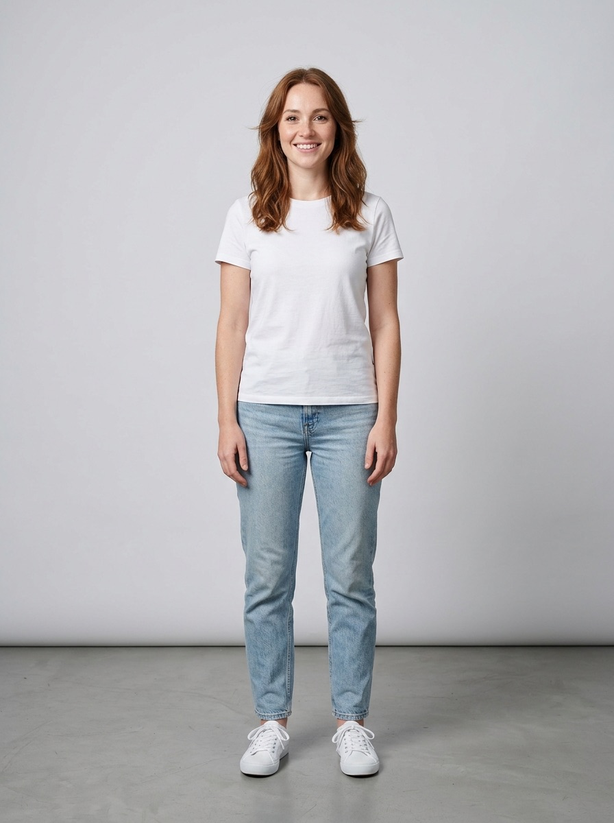 A photo of the shopper standing against a studio wall