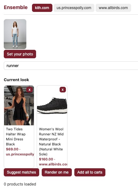 The Ensemble side panel showing a look with a dress and sneakers from two stores