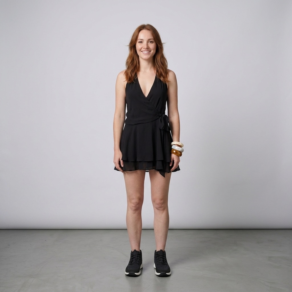 The same person rendered wearing a black wrap dress, bangles and sneakers from the look