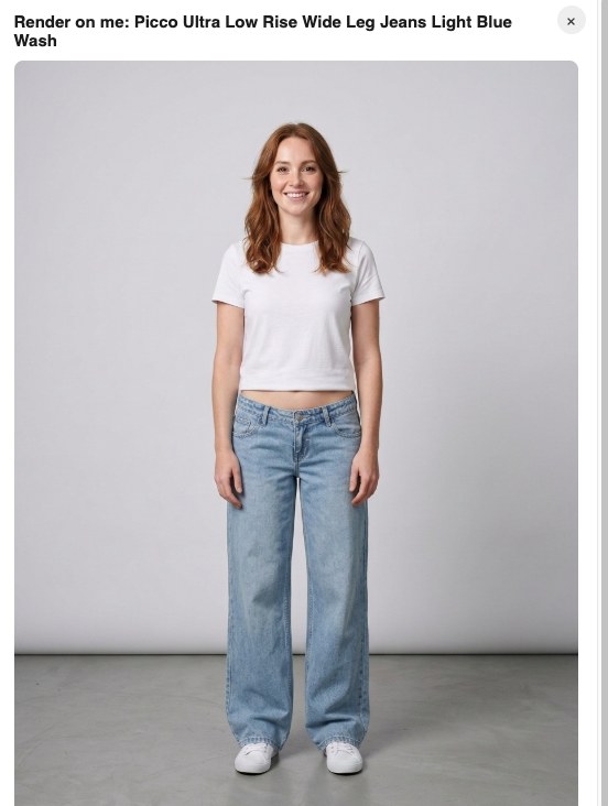 The Ensemble modal on a product page, showing the shopper rendered wearing the jeans from that page
