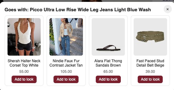 The Ensemble modal suggesting a corset top, jacket, sandals and belt that go with the jeans